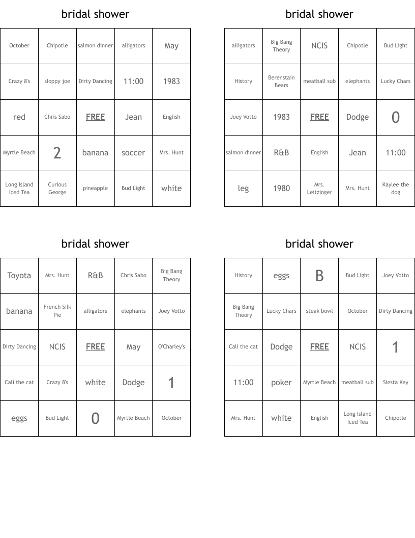 bridal shower Bingo Cards