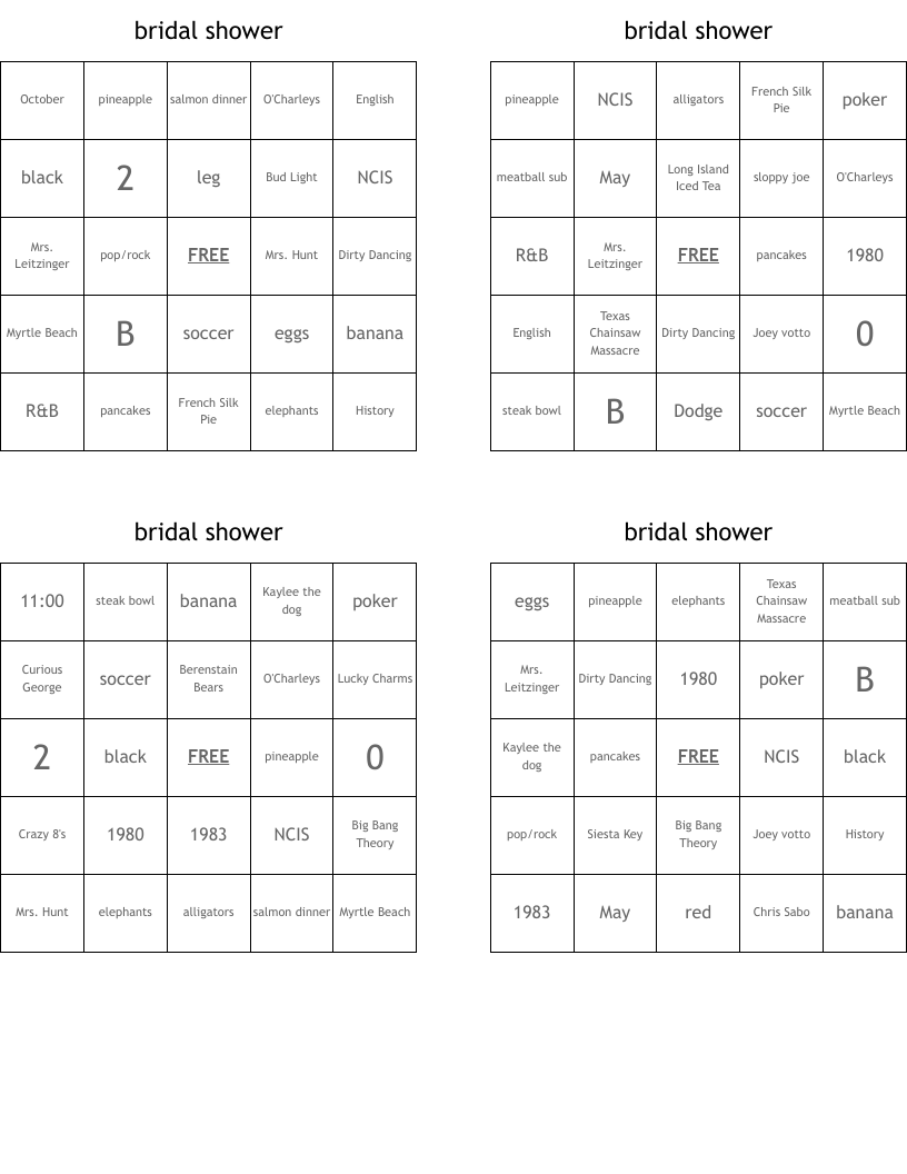 bridal shower Bingo Cards