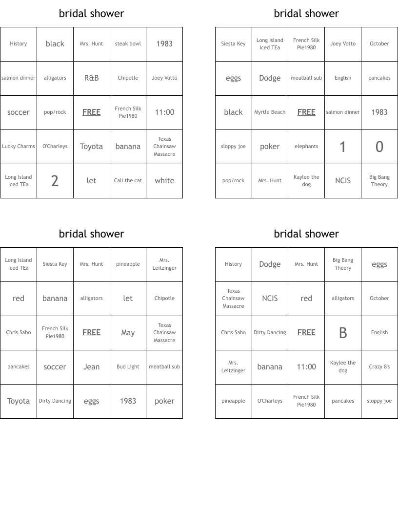 bridal shower Bingo Cards
