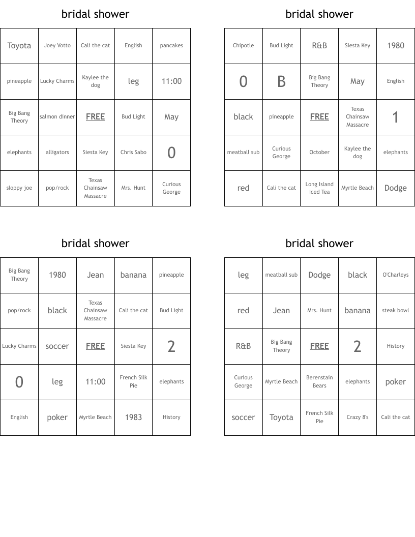 bridal shower Bingo Cards