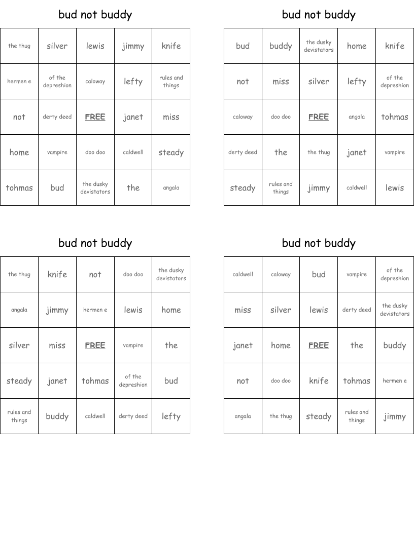 bud not buddy Bingo Cards