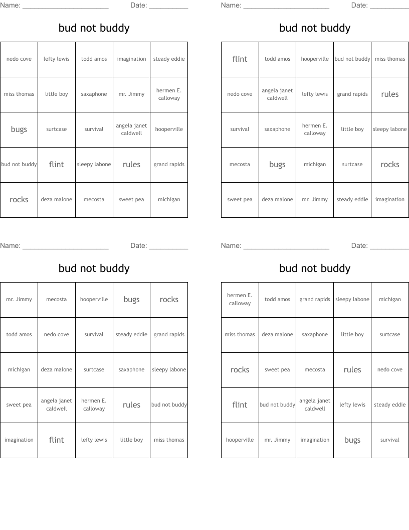 bud not buddy Bingo Cards