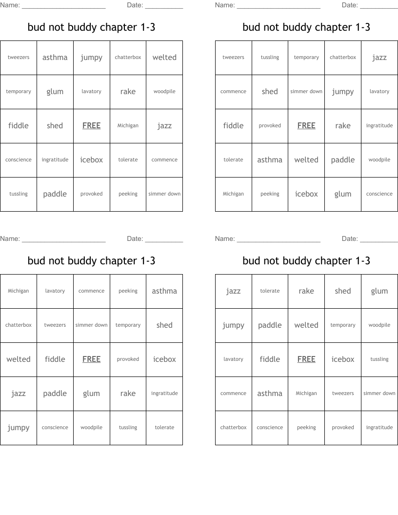bud not buddy chapter 1-3 Bingo Cards