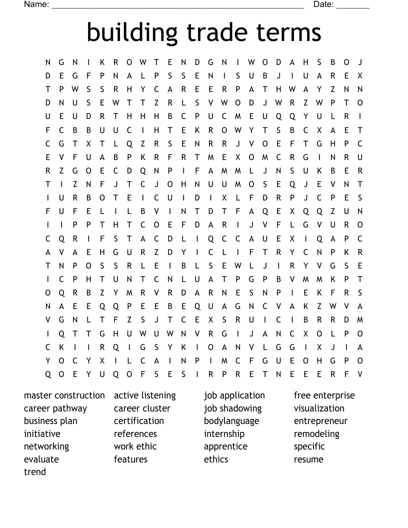 building trade terms Word Search