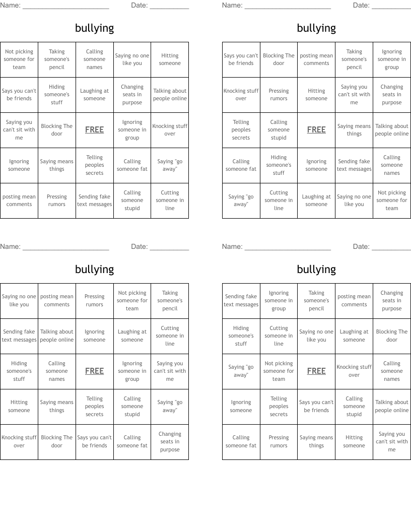 bullying  Bingo Cards