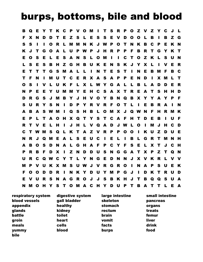 burps, bottoms, bile and blood Word Search