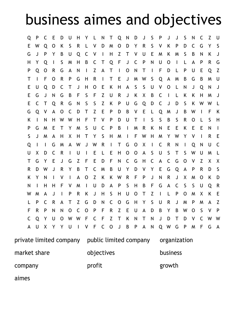 business aimes and objectives Word Search