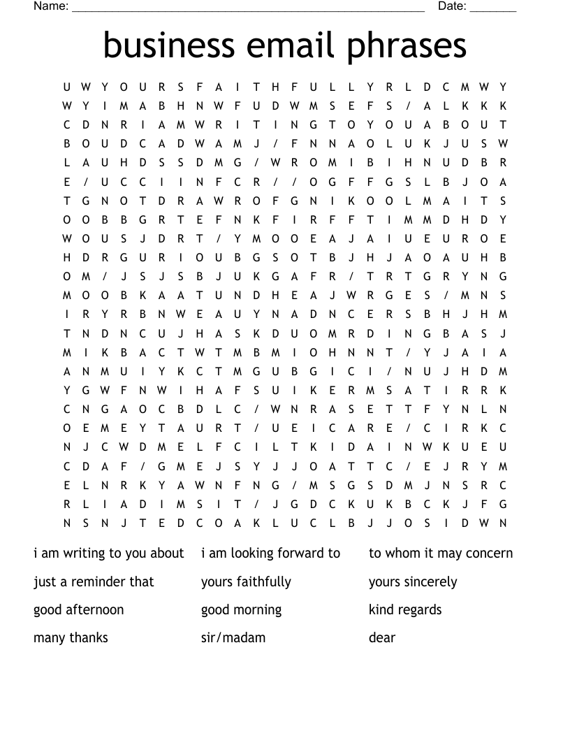 business email phrases Word Search