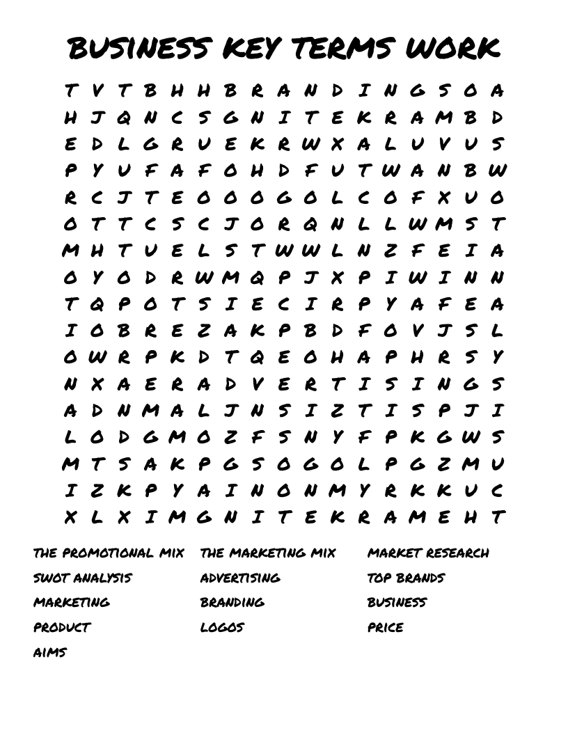 business key terms work Word Search