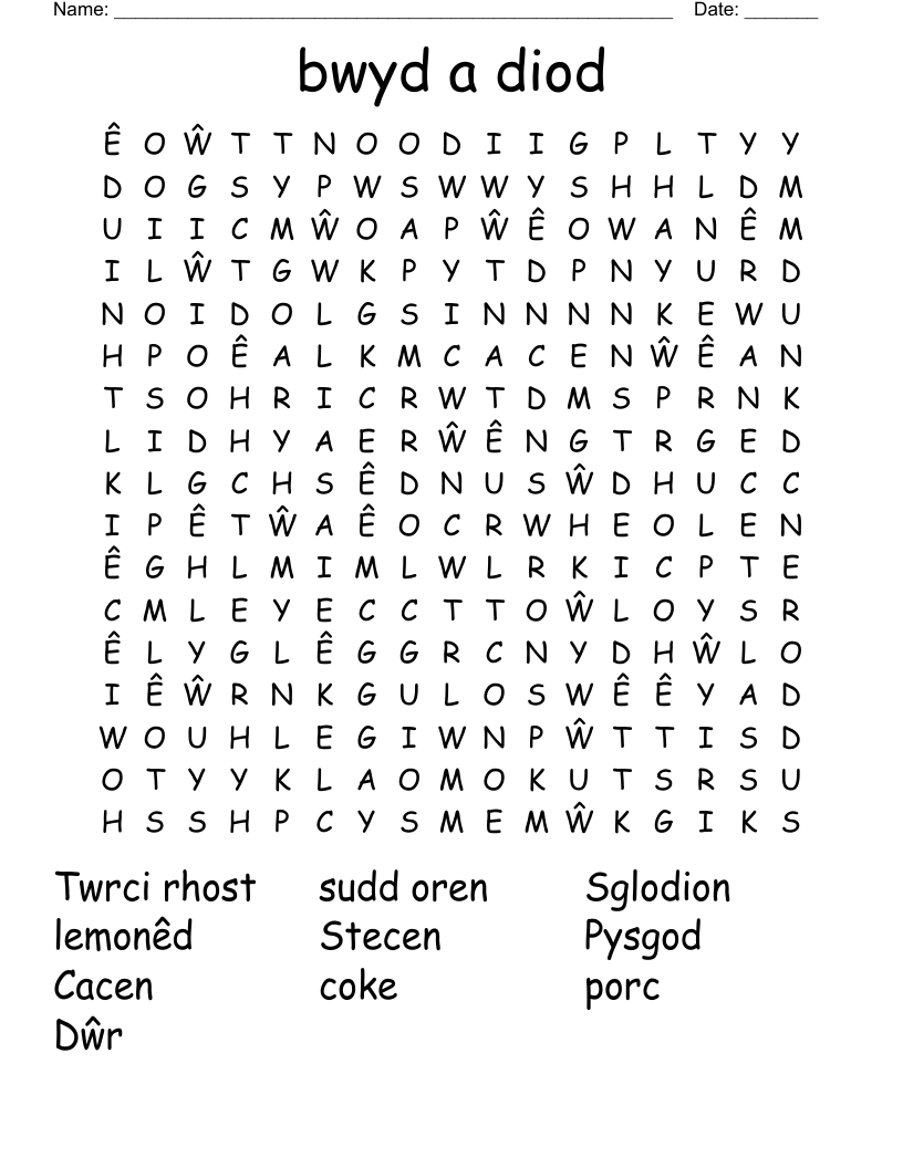 bwyd a diod Word Search