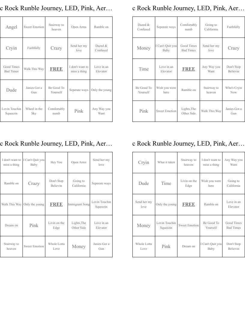 c Rock Runble Journey, LED, Pink, Aerosmith Bingo Cards