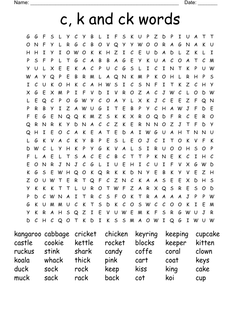 c, k and ck words Word Search