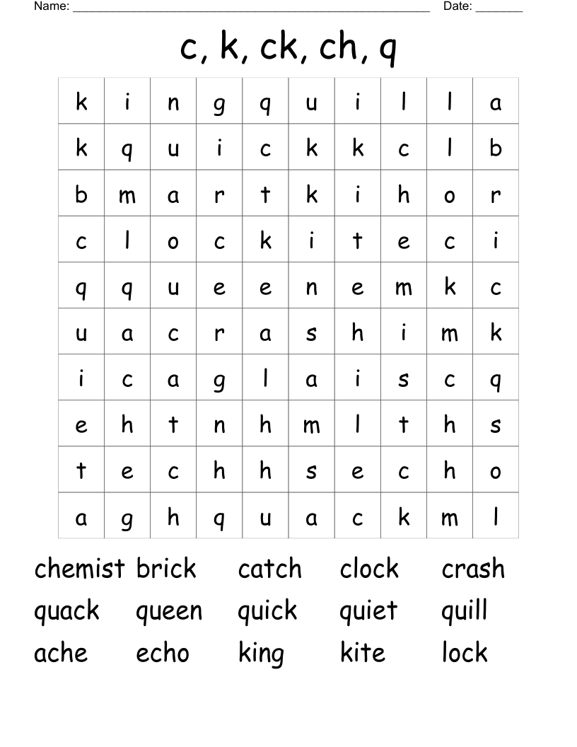 c, k, ck, ch, q Word Search