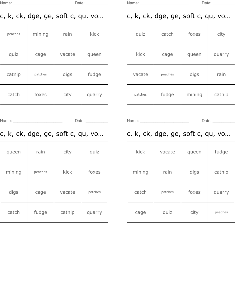 c, k, ck, dge, ge, soft c, qu, vowel r, vccv, vcv Bingo Cards