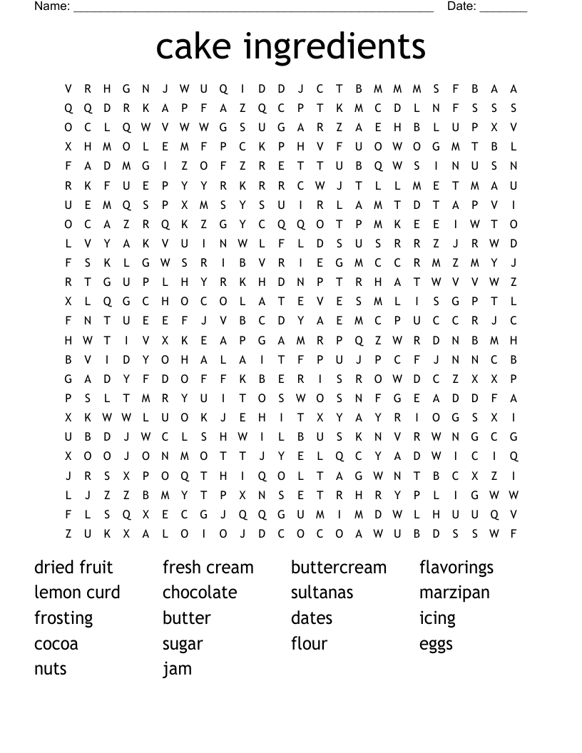 cake ingredients Word Search