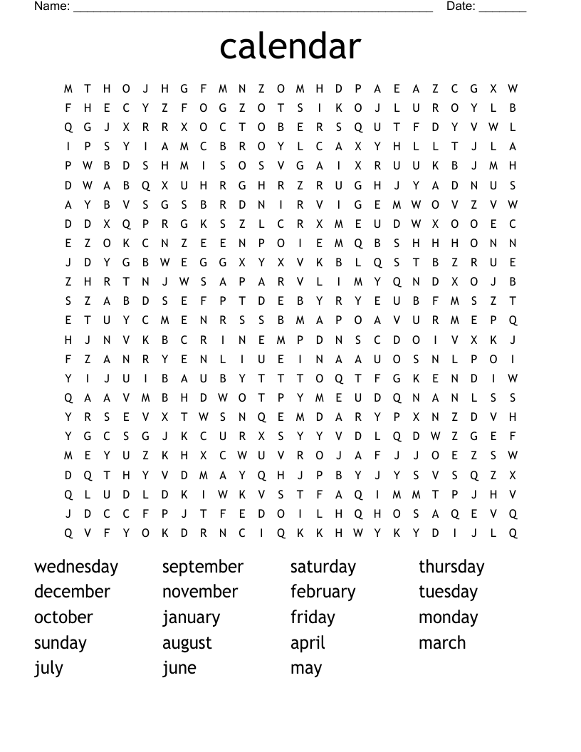 calendar Word Search