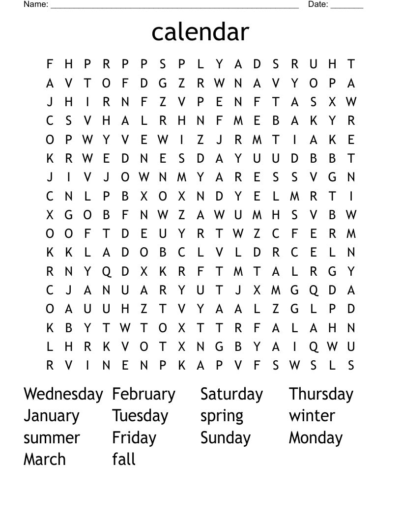 calendar Word Search