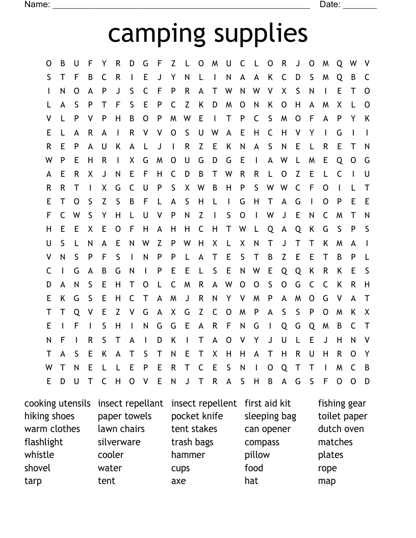 camping supplies Word Search
