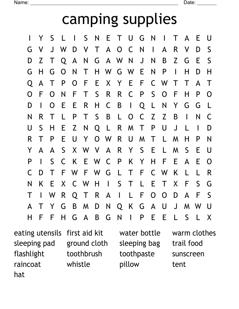 camping supplies Word Search