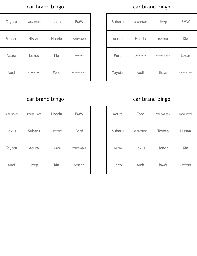 car brand bingo