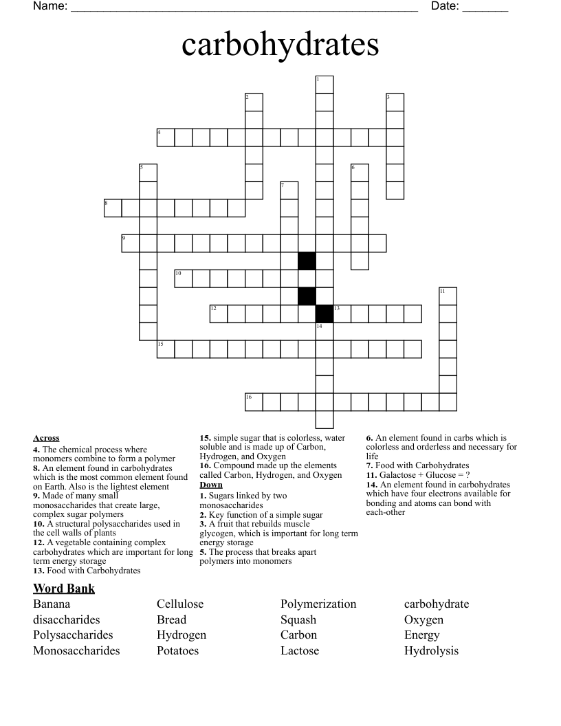 carbohydrates Crossword