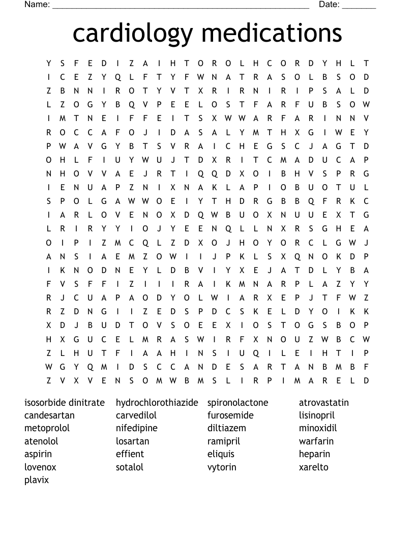 cardiology medications Word Search