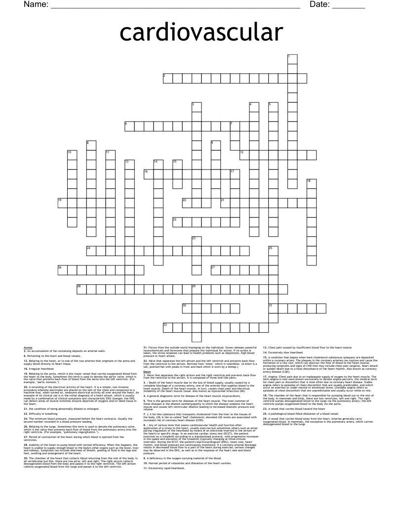 cardiovascular Crossword