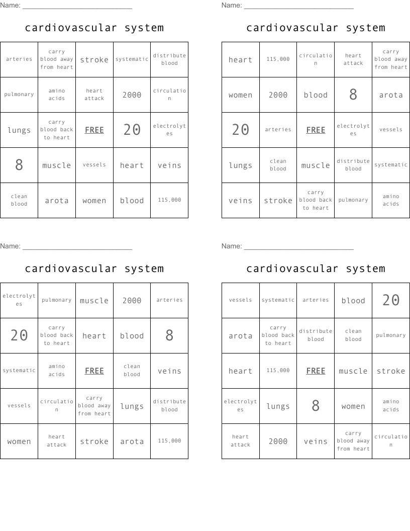 cardiovascular system Bingo Cards
