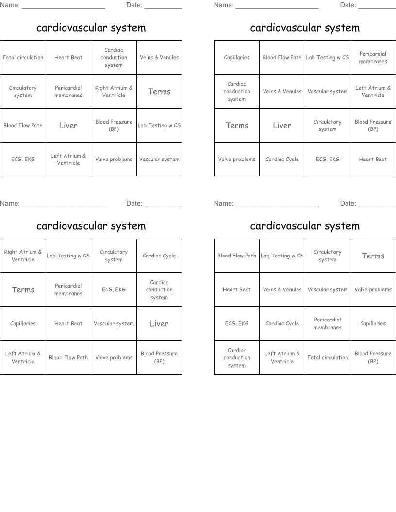 cardiovascular system Bingo Cards