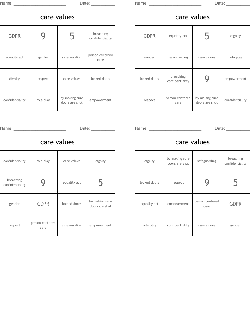 care values  Bingo Cards