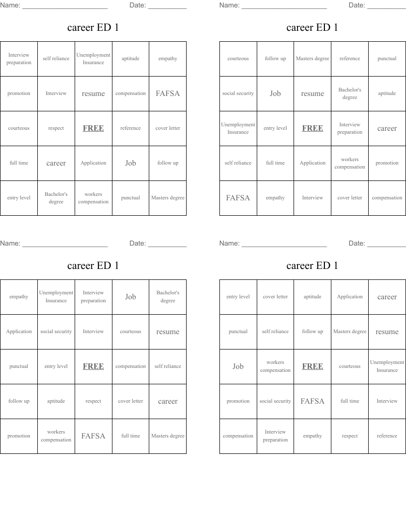 career ED 1 Bingo Cards