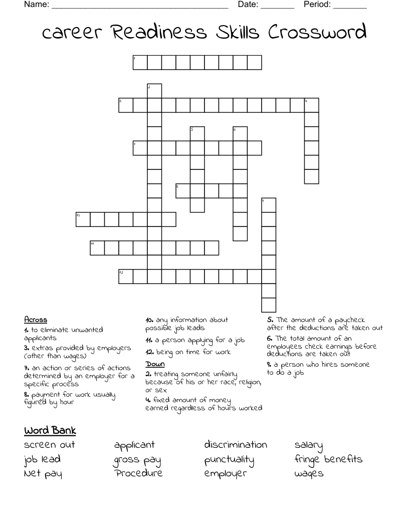 career Readiness Skills Crossword