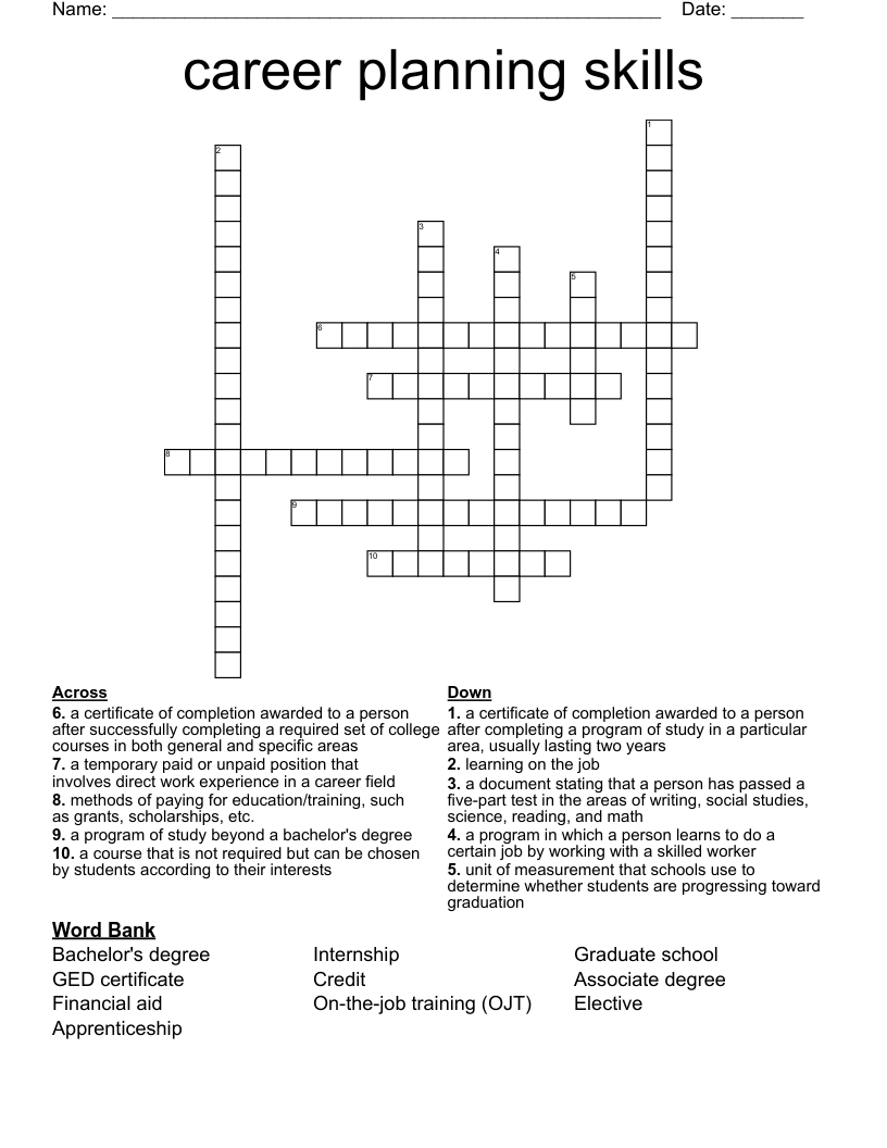 career planning skills Crossword