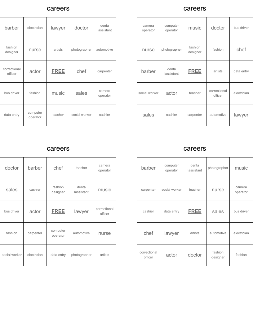 careers Bingo Cards