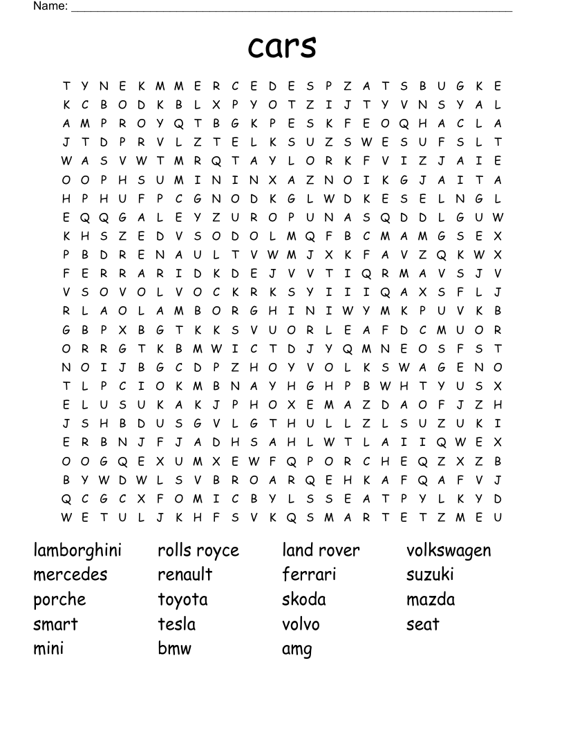 cars Word Search