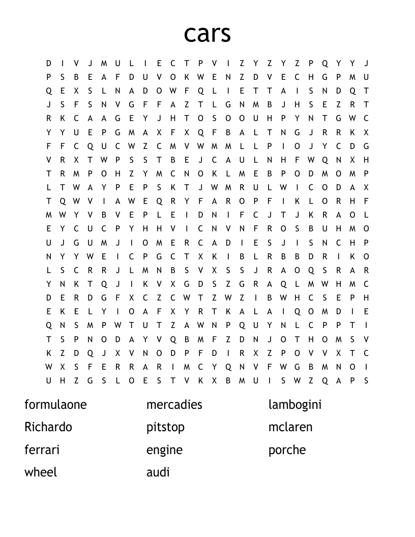 cars Word Search