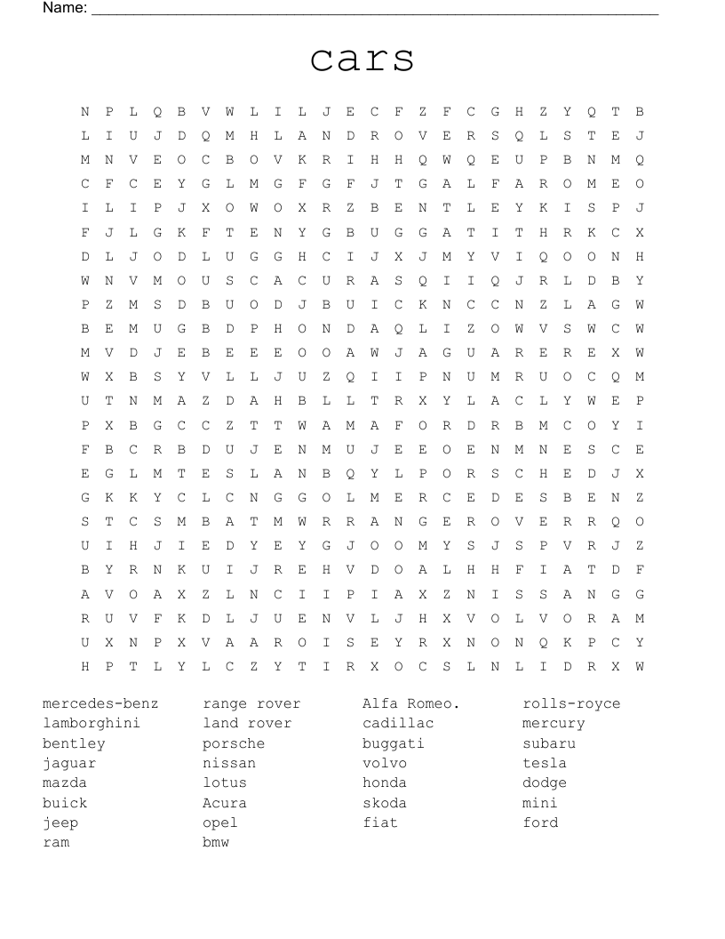 cars Word Search