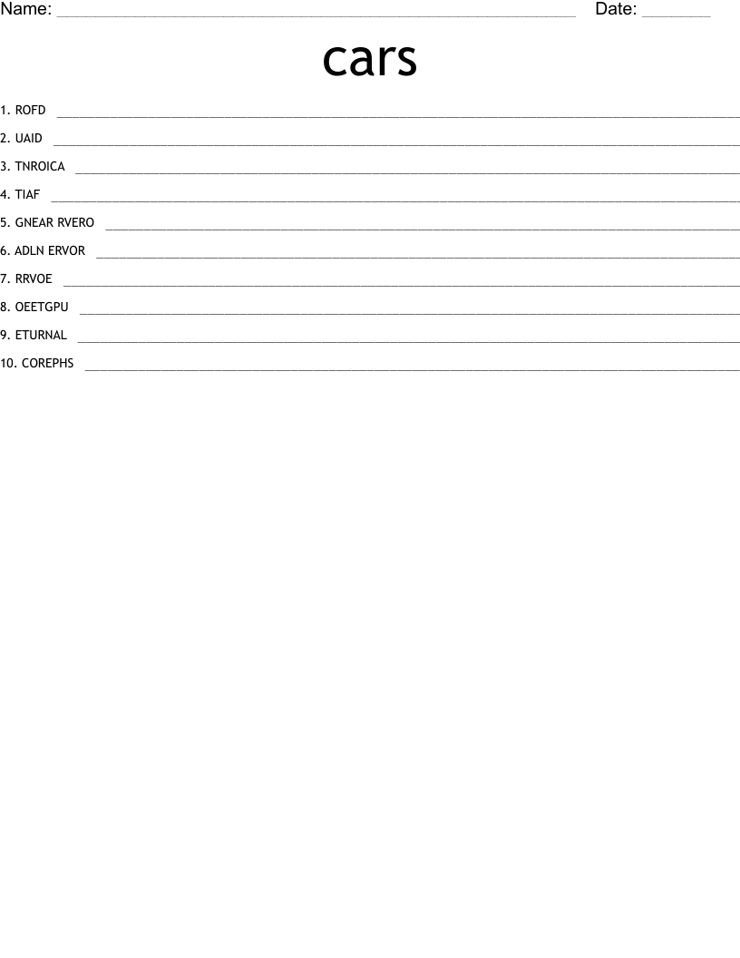 cars Word Scramble