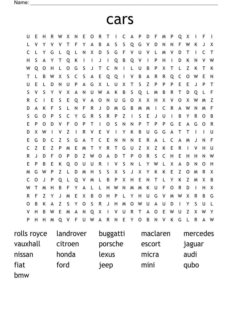 cars Word Search