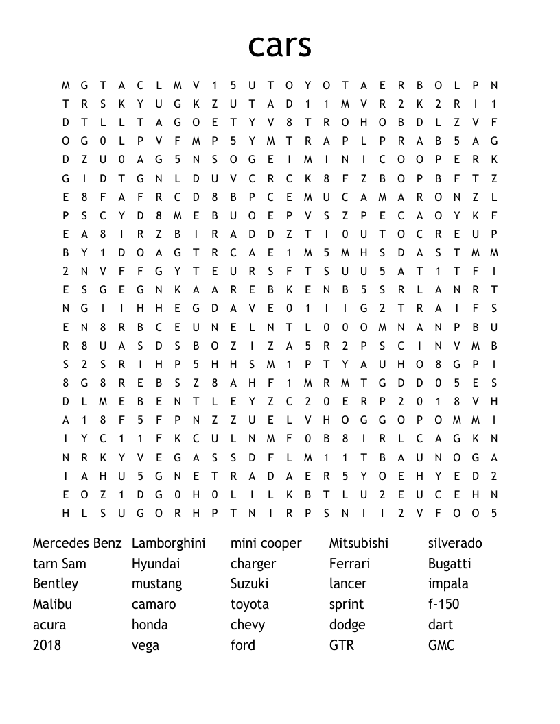 cars  Word Search
