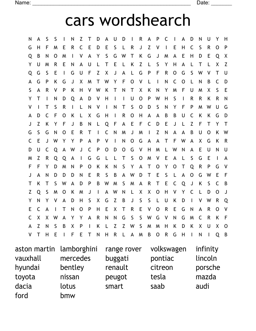 cars wordshearch  Word Search