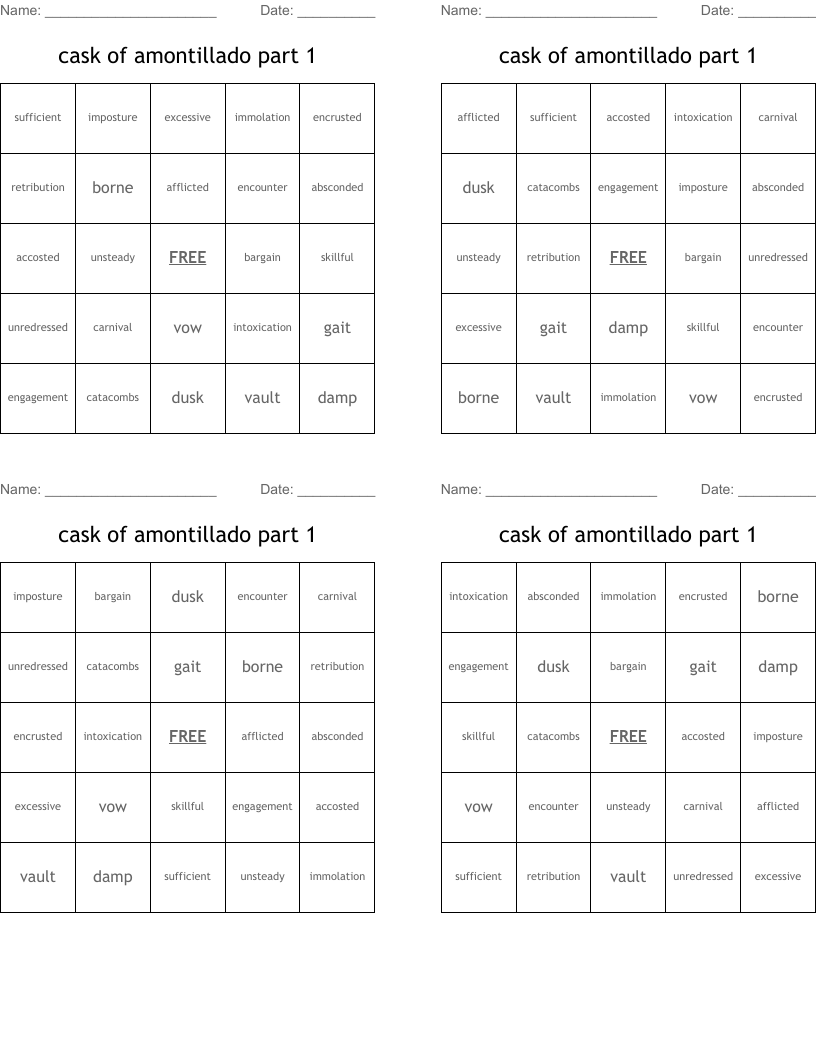cask of amontillado part 1 Bingo Cards