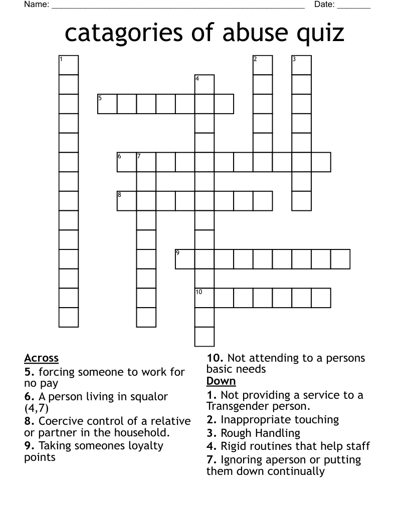 catagories of abuse quiz Crossword