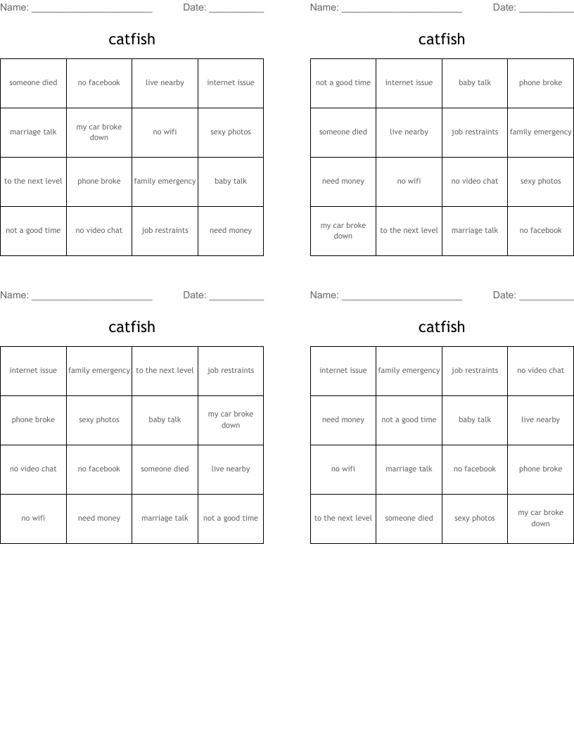catfish Bingo Cards