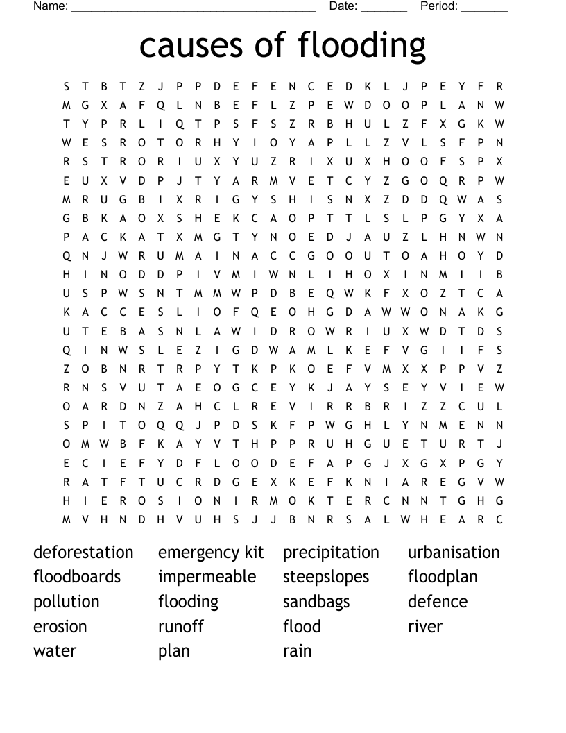 causes of flooding Word Search