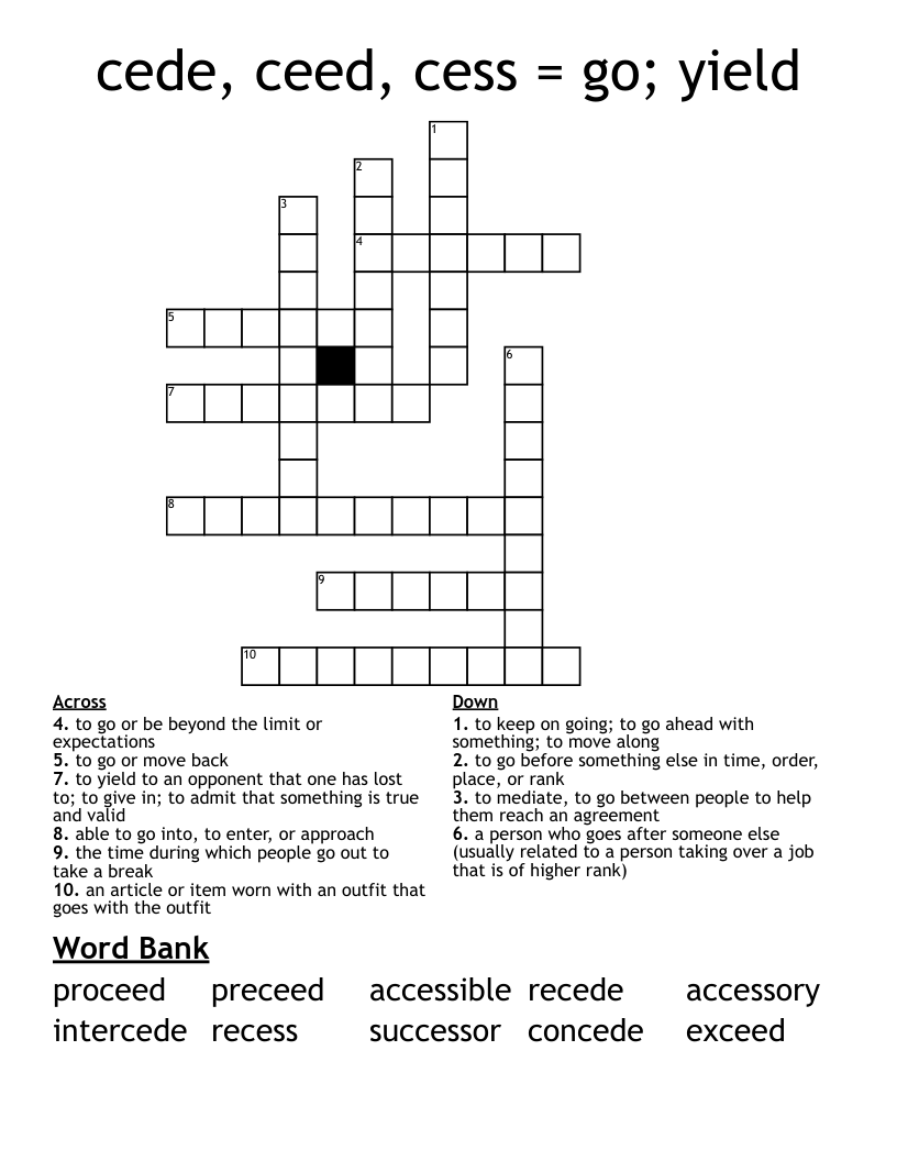 cede, ceed, cess = go; yield Crossword
