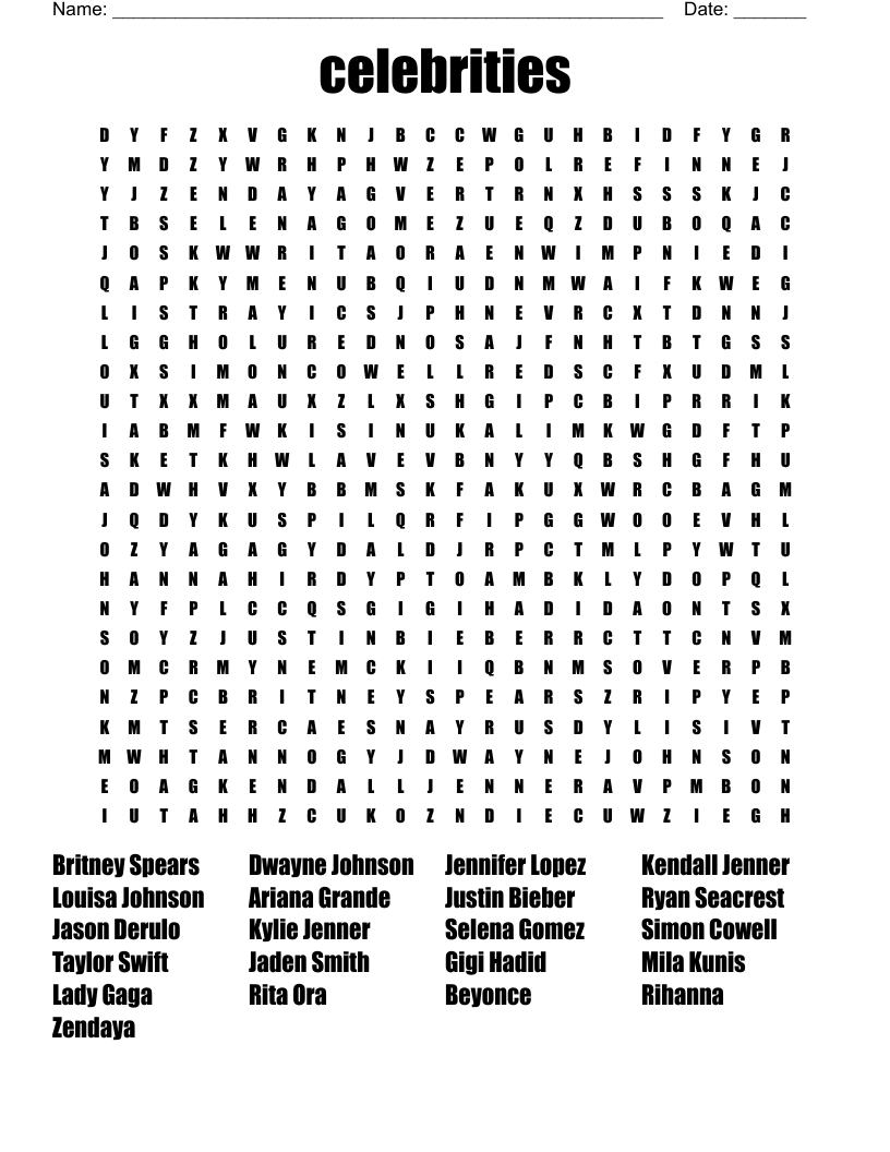 celebrities Word Search