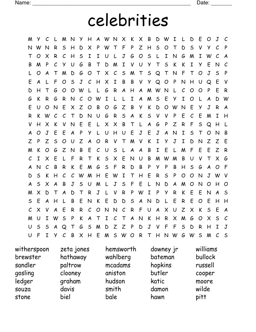 celebrities Word Search