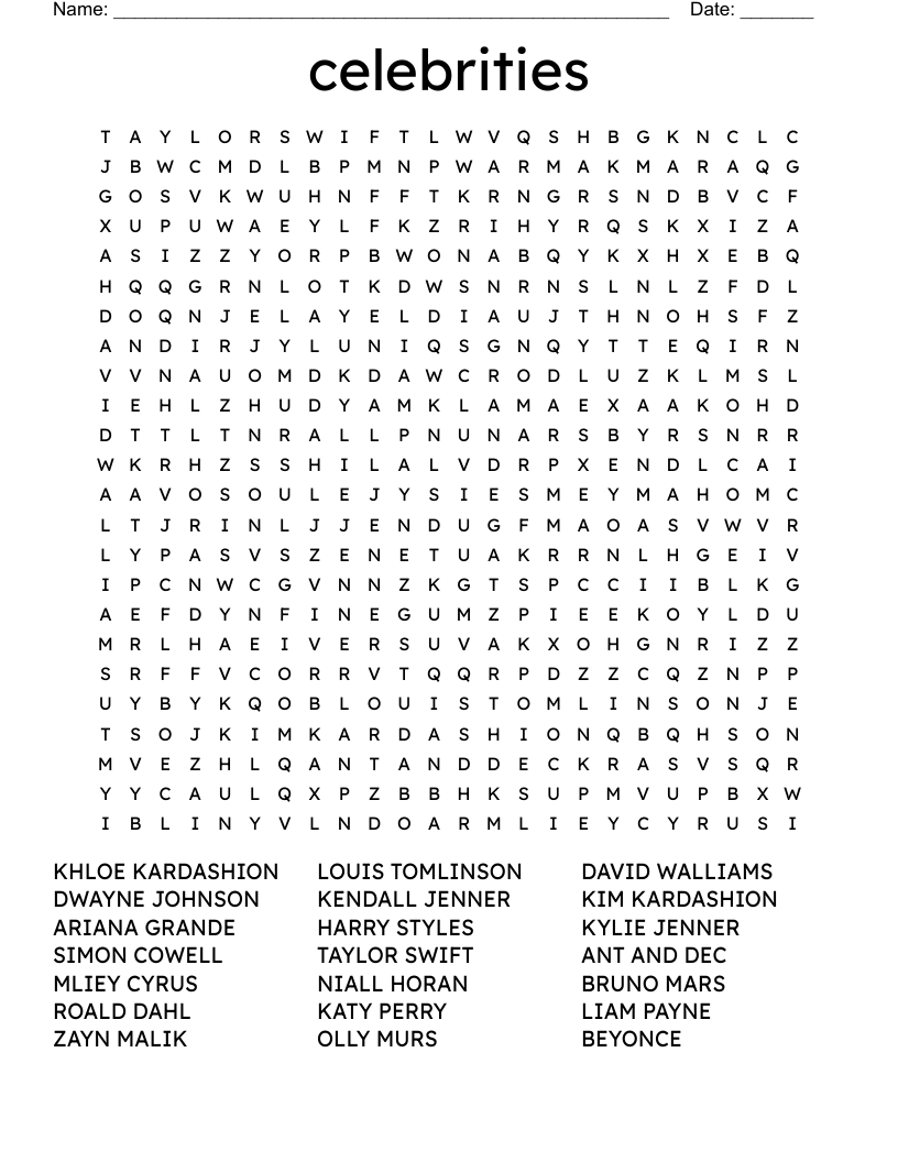 celebrities  Word Search