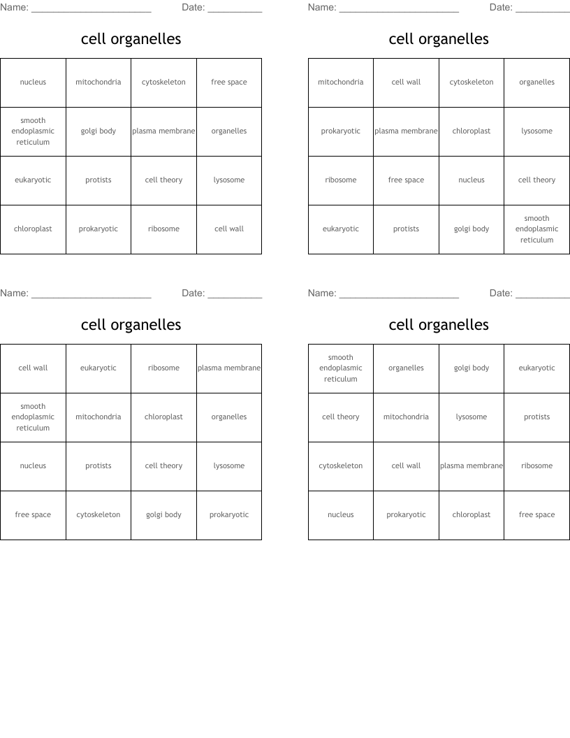 cell organelles Bingo Cards